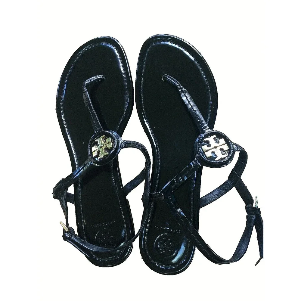 Tory Burch Dillan Black Patent Leather Flat Sandal Womens Size 10.5